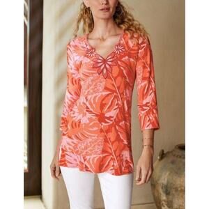 Soft Surroundings Del‎ Rio Tunic Blouse, Floral, Beaded Neckline, Sz M